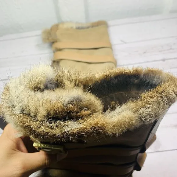 Tory Burch Suede Rabbit Fur Boots Brown Tan Mid-Calf Moccasins Womens 9 Jaden
