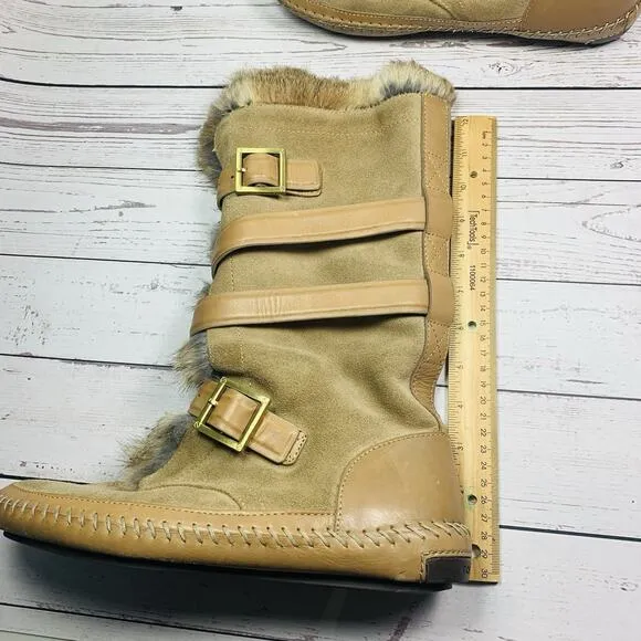Tory Burch Suede Rabbit Fur Boots Brown Tan Mid-Calf Moccasins Womens 9 Jaden