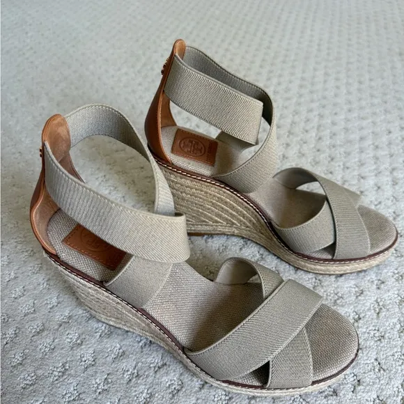 Tory Burch Tan Wedge Sandals with Espadrille Sole