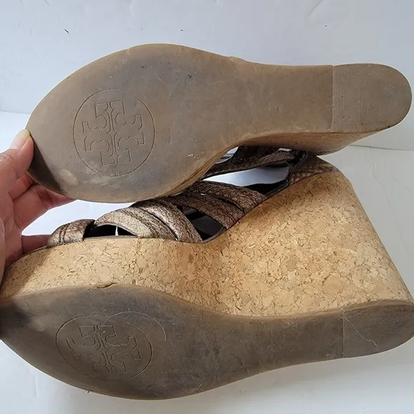 TORY BURCH Taupe Python Embossed Leather Strappy Cork Wedges Sandals Size 7.5