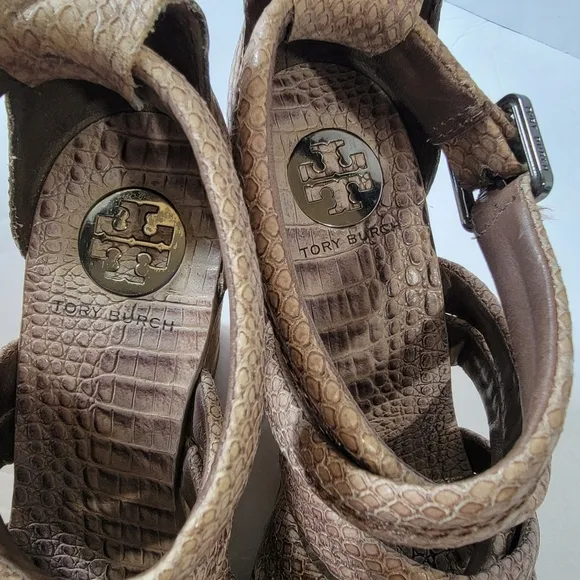TORY BURCH Taupe Python Embossed Leather Strappy Cork Wedges Sandals Size 7.5