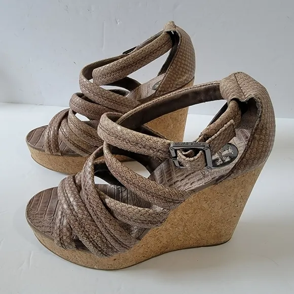 TORY BURCH Taupe Python Embossed Leather Strappy Cork Wedges Sandals Size 7.5