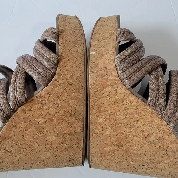 TORY BURCH Taupe Python Embossed Leather Strappy Cork Wedges Sandals Size 7.5