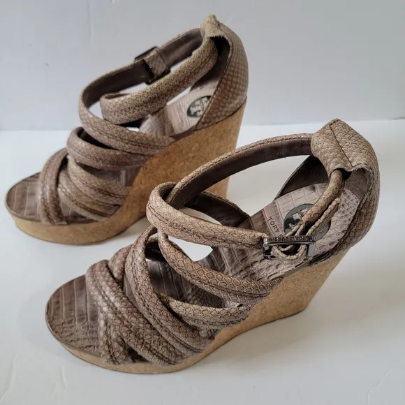 TORY BURCH Taupe Python Embossed Leather Strappy Cork Wedges Sandals Size 7.5