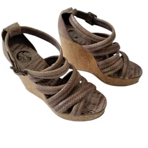 TORY BURCH Taupe Python Embossed Leather Strappy Cork Wedges Sandals Size 7.5