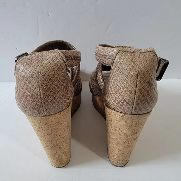 TORY BURCH Taupe Python Embossed Leather Strappy Cork Wedges Sandals Size 7.5