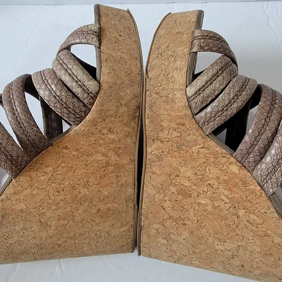 TORY BURCH Taupe Python Embossed Leather Strappy Cork Wedges Sandals Size 7.5