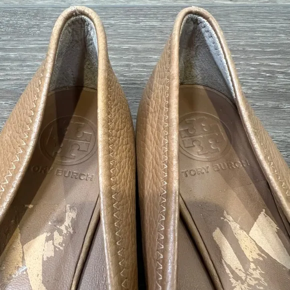 Tory Burch Tumbled Leather Reva Ballet Flats Royal Tan/Gold Size 8