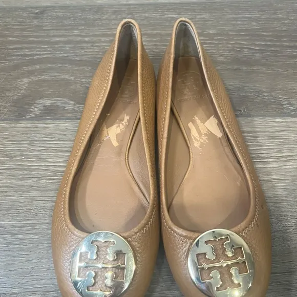 Tory Burch Tumbled Leather Reva Ballet Flats Royal Tan/Gold Size 8