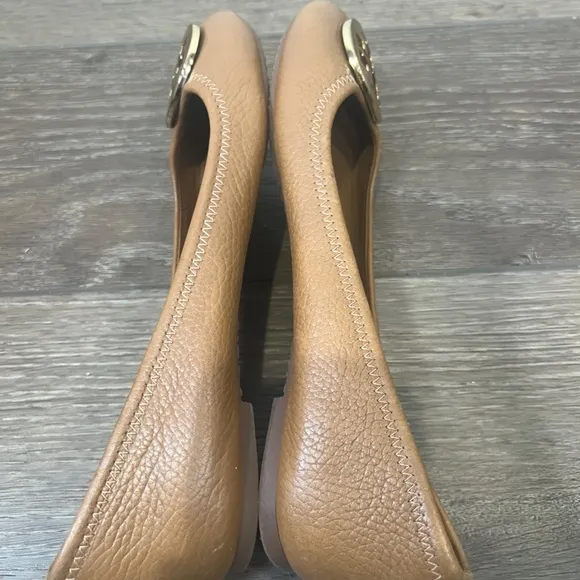 Tory Burch Tumbled Leather Reva Ballet Flats Royal Tan/Gold Size 8