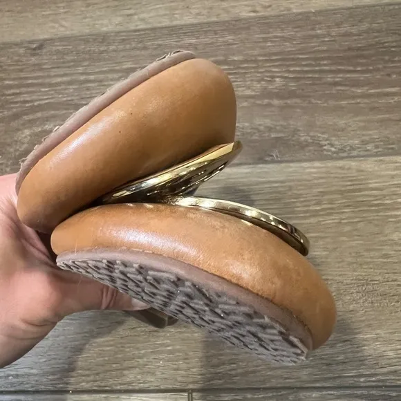 Tory Burch Tumbled Leather Reva Ballet Flats Royal Tan/Gold Size 8