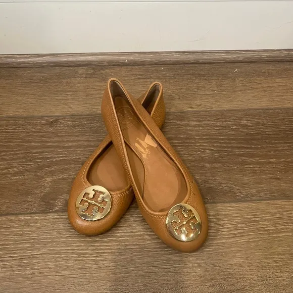 Tory Burch Tumbled Leather Reva Ballet Flats Royal Tan/Gold Size 8