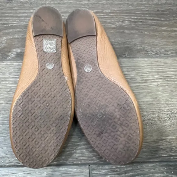 Tory Burch Tumbled Leather Reva Ballet Flats Royal Tan/Gold Size 8