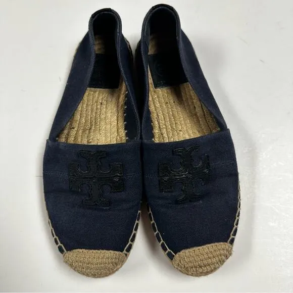 Tory Burch Weston Navy Blue and Black FlatEspadrille Slip On Shoes 6
