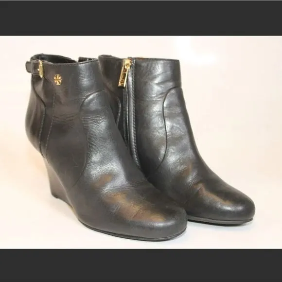 Tory Burch Womens 7 M Leather Wedge Heeled Zip Ankle Boots 👢 Booties