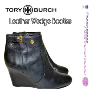 Tory Burch Womens 7 M Leather Wedge Heeled Zip Ankle Boots 👢 Booties