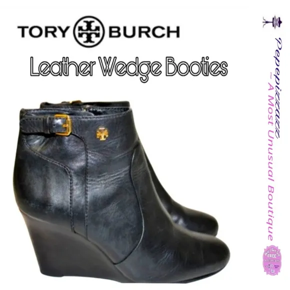 Tory Burch Womens 7 M Leather Wedge Heeled Zip Ankle Boots 👢 Booties