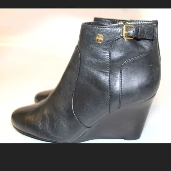 Tory Burch Womens 7 M Leather Wedge Heeled Zip Ankle Boots 👢 Booties