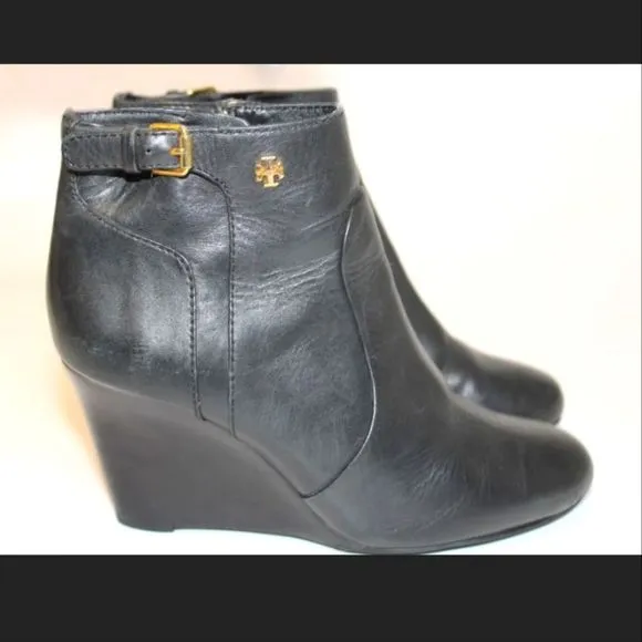 Tory Burch Womens 7 M Leather Wedge Heeled Zip Ankle Boots 👢 Booties