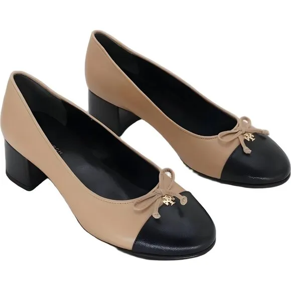 Tory Burch Womens Cap-Toe Leather Pumps in Black &amp; Beige - Size 6