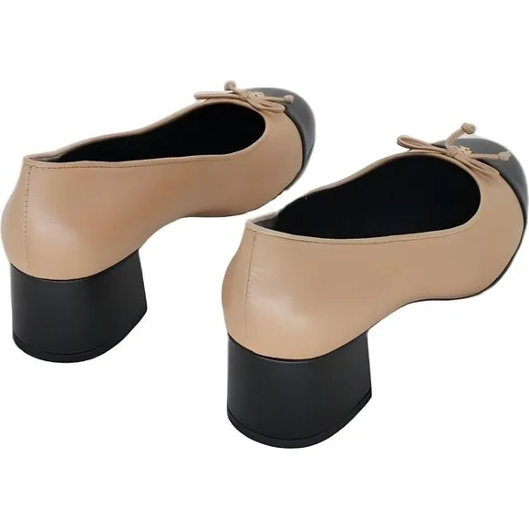 Tory Burch Womens Cap-Toe Leather Pumps in Black &amp; Beige - Size 6