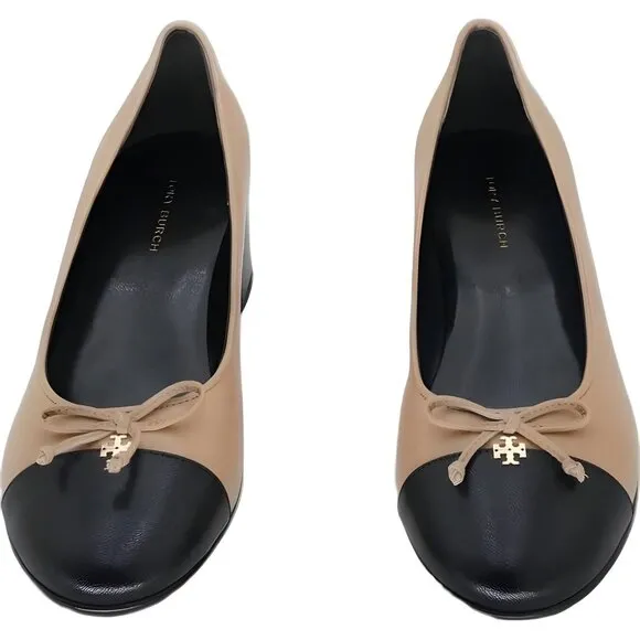 Tory Burch Womens Cap-Toe Leather Pumps in Black &amp; Beige - Size 6