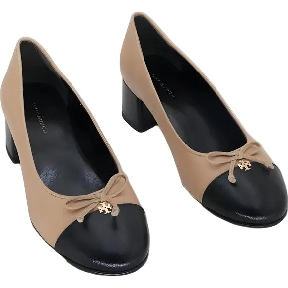Tory Burch Womens Cap-Toe Leather Pumps in Black &amp; Beige - Size 6