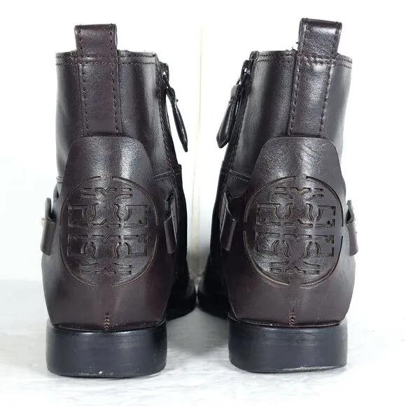 Tory Burch Women's Derby US 6M Brown Leather Flat Ankl Chelsea Bootie Boots