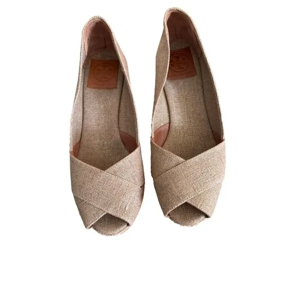Tory Burch Women's Gold Espadrille Wedges Size 8.5 Peep Toe Summer