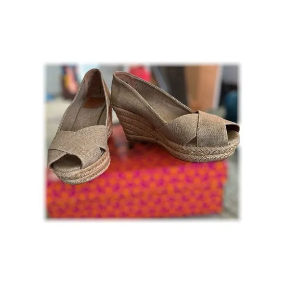 Tory Burch Women's Gold Espadrille Wedges Size 8.5 Peep Toe Summer