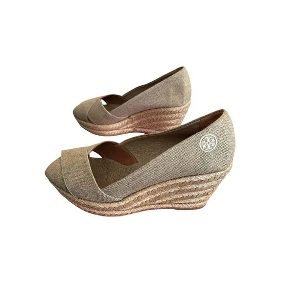 Tory Burch Women's Gold Espadrille Wedges Size 8.5 Peep Toe Summer