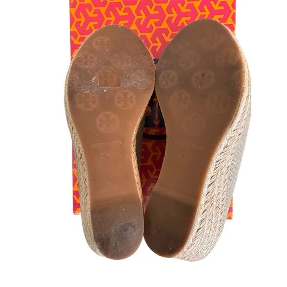 Tory Burch Women's Gold Espadrille Wedges Size 8.5 Peep Toe Summer