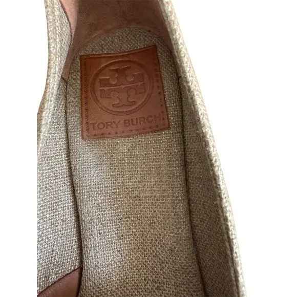 Tory Burch Women's Gold Espadrille Wedges Size 8.5 Peep Toe Summer