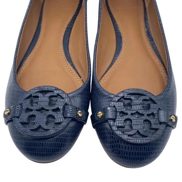 Tory Burch Womens Shoes Miller Leather Ballet Flats 8.5 Blue Lizard Designer