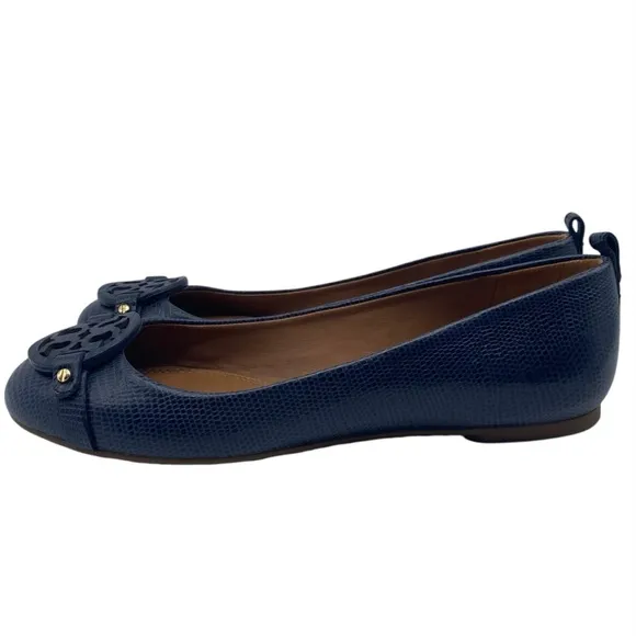 Tory Burch Womens Shoes Miller Leather Ballet Flats 8.5 Blue Lizard Designer