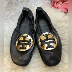 Tory Burch Double T Leather Ballet Flats Black 9