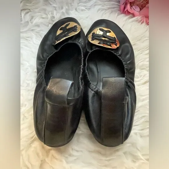 Tory Burch Double T Leather Ballet Flats Black 9
