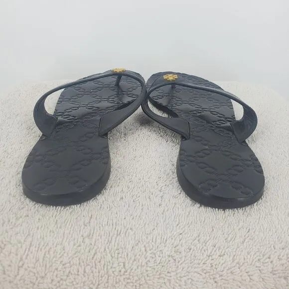 Tory Burch Monroe Black Leather Sandals Gold Logo Flats Size 8M