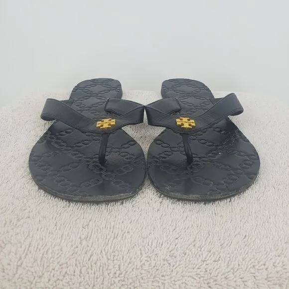 Tory Burch Monroe Black Leather Sandals Gold Logo Flats Size 8M