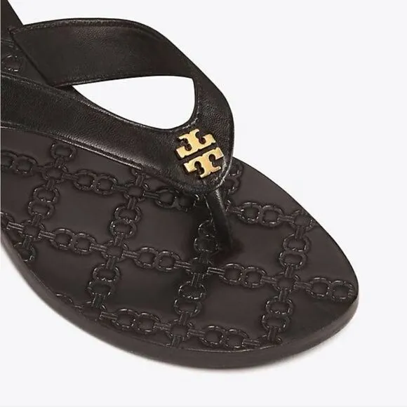 Tory Burch Monroe Black Leather Sandals Gold Logo Flats Size 8M