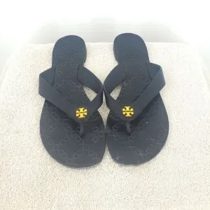 Tory Burch Monroe Black Leather Sandals Gold Logo Flats Size 8M