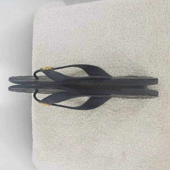 Tory Burch Monroe Black Leather Sandals Gold Logo Flats Size 8M