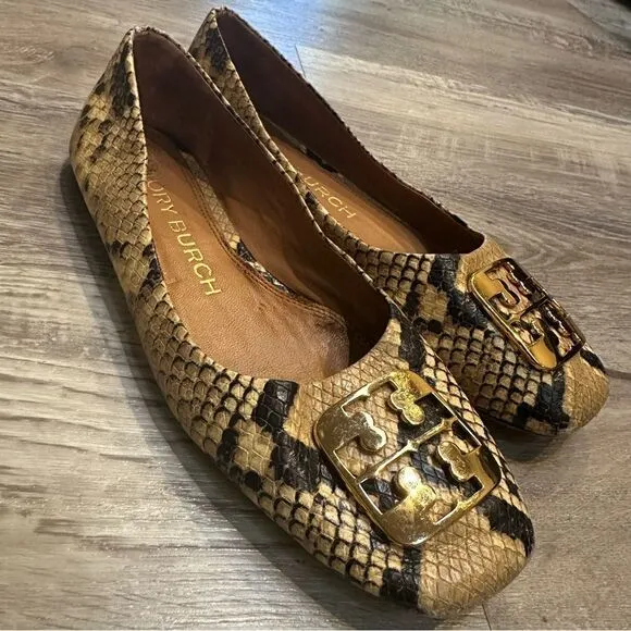 TORY BURCH Ballet Flats Size 6.5 Leather Georgia Snakeskin Animal Print