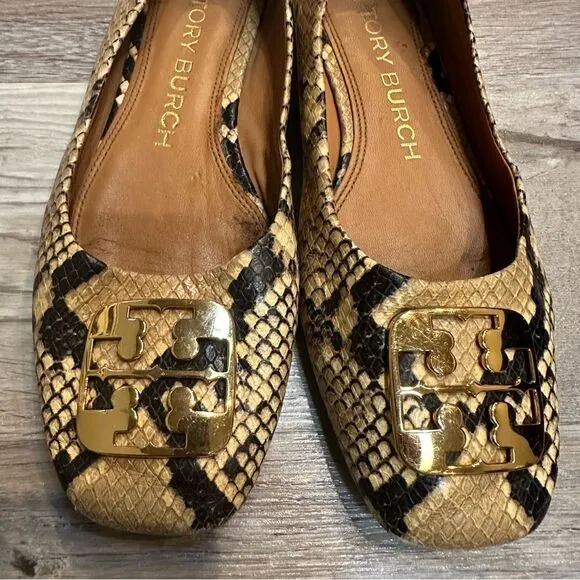 TORY BURCH Ballet Flats Size 6.5 Leather Georgia Snakeskin Animal Print