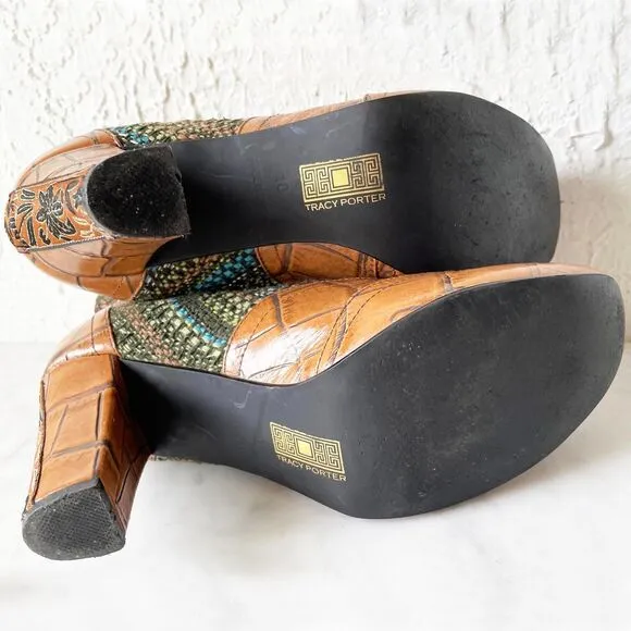 Tracy Porter Fabric &amp; Croc Leather Brocade Boho Pull On Ankle Boots-Women's 10