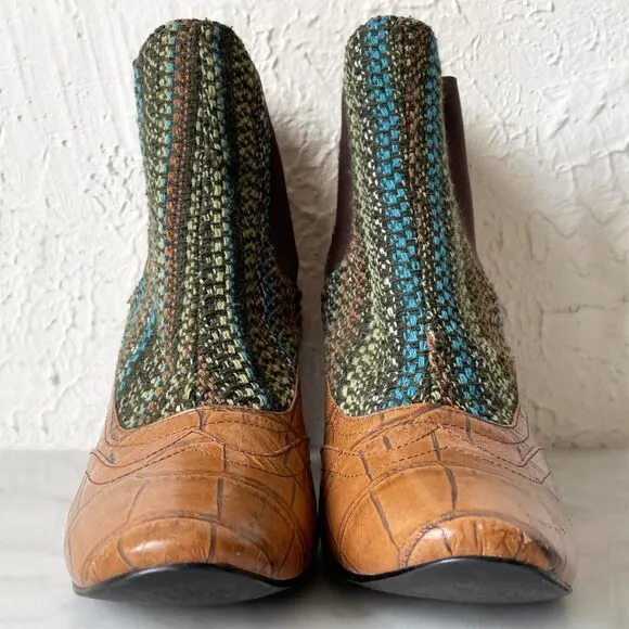 Tracy Porter Fabric &amp; Croc Leather Brocade Boho Pull On Ankle Boots-Women's 10
