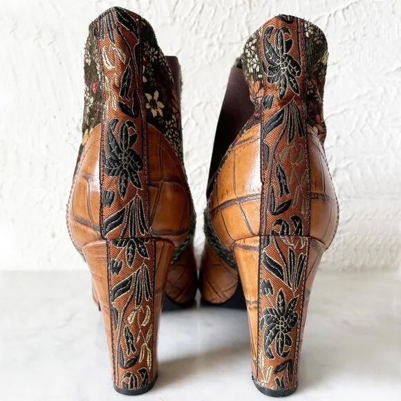 Tracy Porter Fabric &amp; Croc Leather Brocade Boho Pull On Ankle Boots-Women's 10