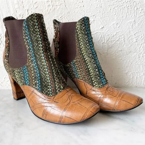Tracy Porter Fabric &amp; Croc Leather Brocade Boho Pull On Ankle Boots-Women's 10