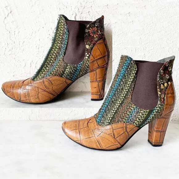 Tracy Porter Fabric &amp; Croc Leather Brocade Boho Pull On Ankle Boots-Women's 10