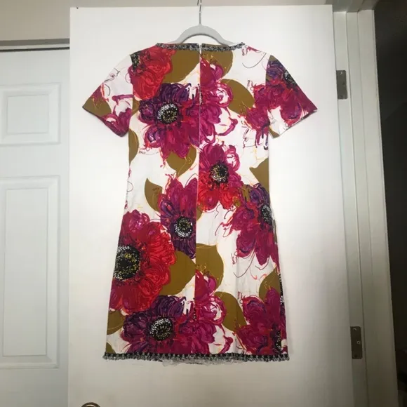 Trina Turk Dress 6 bright Floral Shift mini mod goldenrod fuchsia barkcloth twee